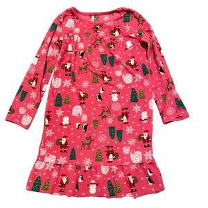 Carters Girls‎ Christmas Santa Penguin Pajama Nightgown Size 8-10 Festive GUC